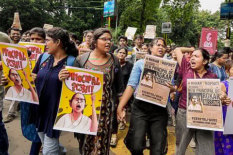 Kolkata rape-murder case: Doctors raise slogans during a protest rally in Kolkata